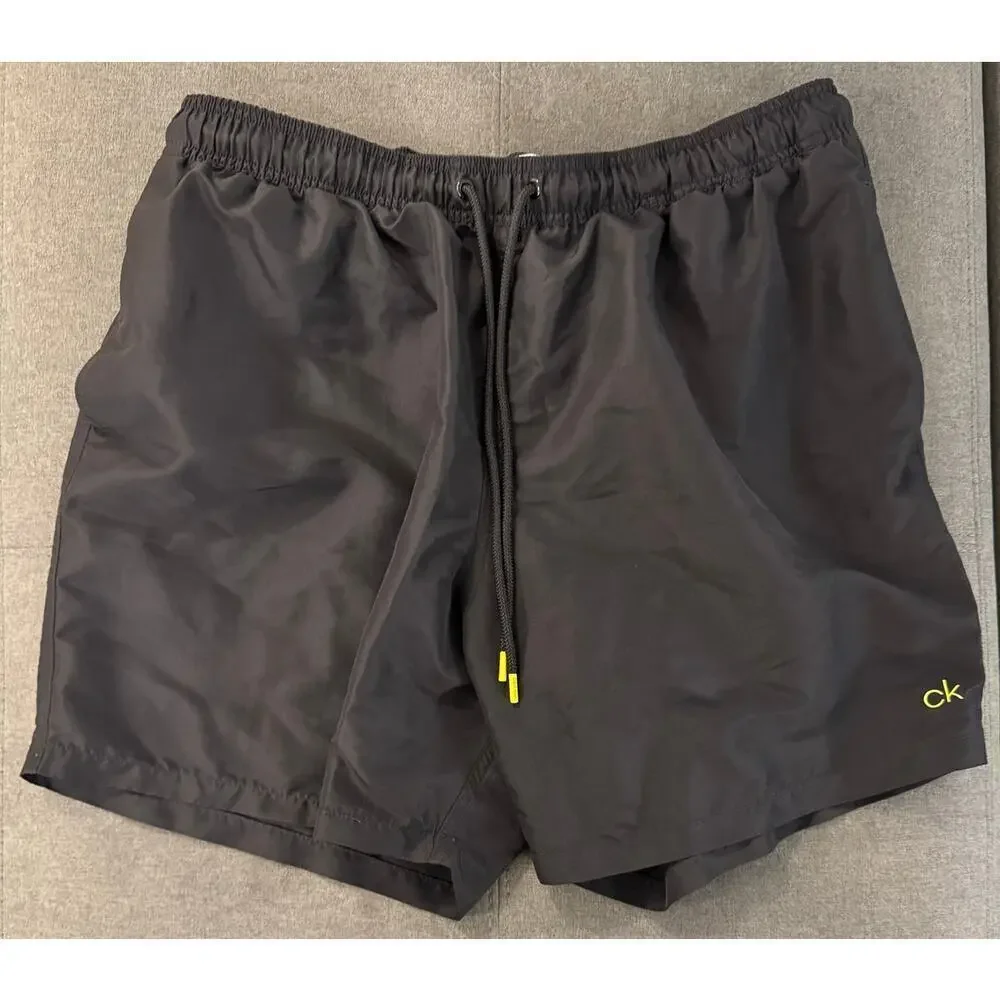 Calvin Klein Black Yellow Logo Mesh Lined Swim Trunks Men’s Size XXL